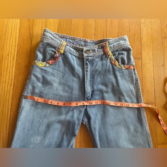 70s Vintage Faded Glory Light Wash Bell Bottoms w. Plaid Detailing - Picture 11 of 15